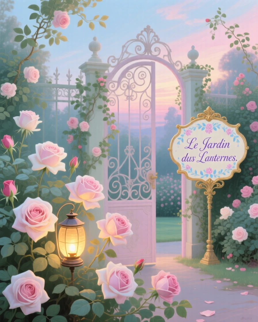 A magical rose garden where every bloom contains a tiny glowing lantern  
