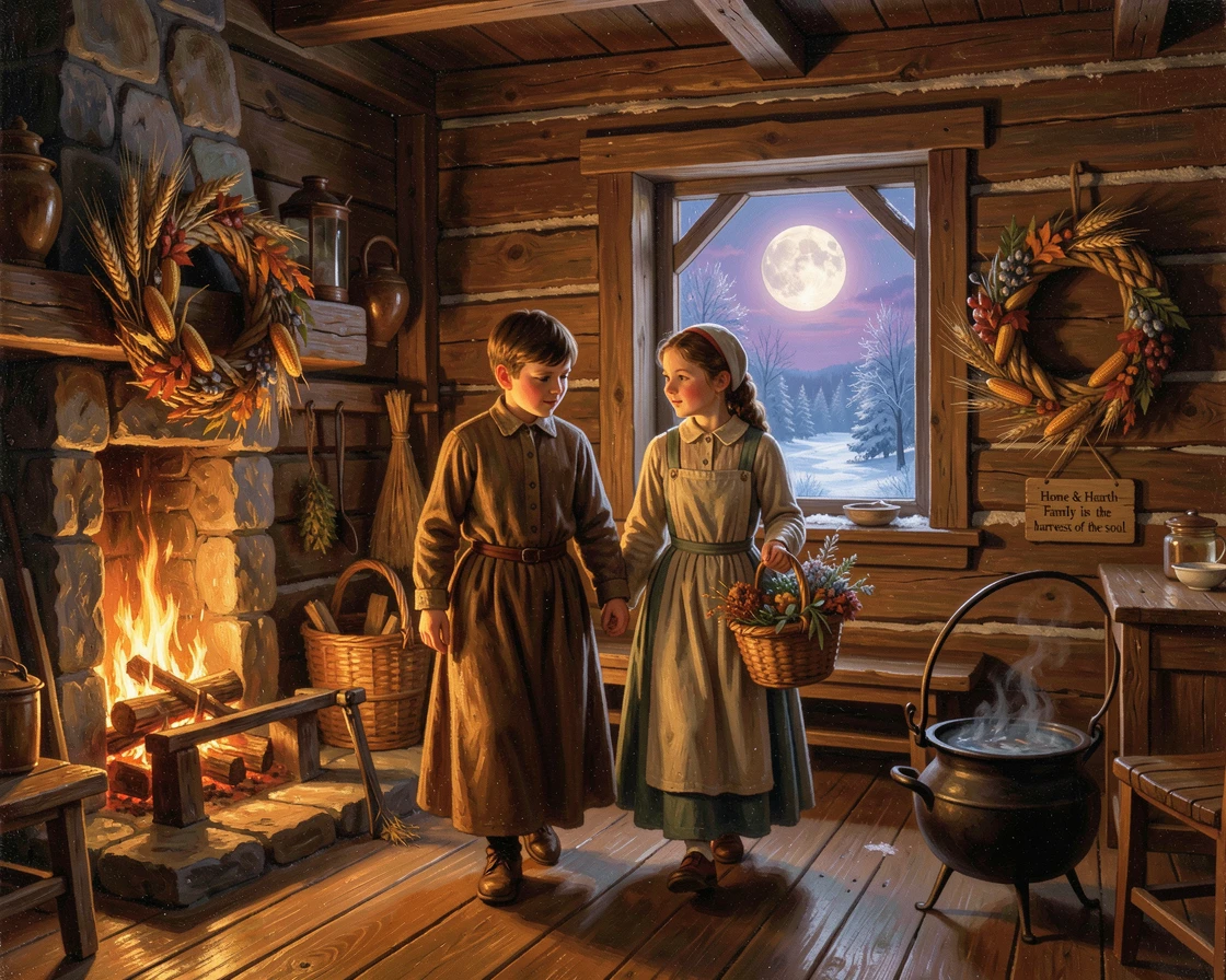 Siblings walk together through a warm hearth on a winter evening as the harvest moon rises.