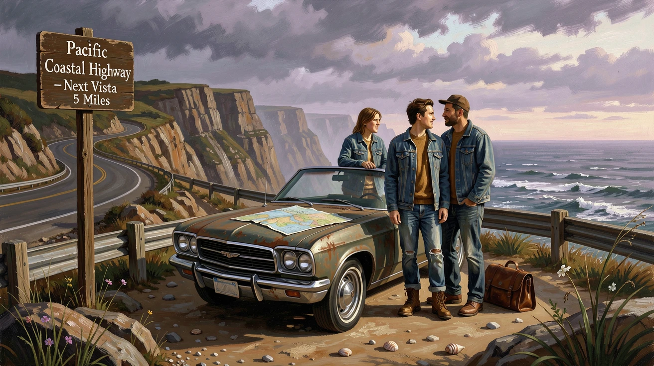 A group of friends road-tripping along a dramatic coastal highway, with rich environmental detail immersing the viewer in the destination, designed to transport the viewer straight into the journey
