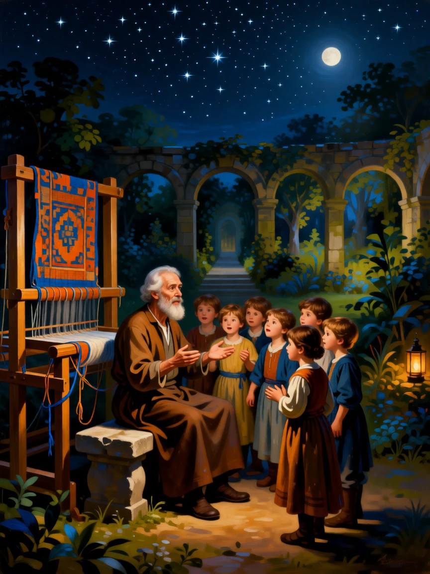 A storyteller enchanting a circle of children beneath a starry sky as if pulled directly from a cherished tale, set within a moonlit garden fit for legend, with an old wooden loom, tangled threads, and a half-finished tapestry; receding archways create a sense of stepping into another world, evoking nostalgia, wonder, and the timeless magic of storytelling.