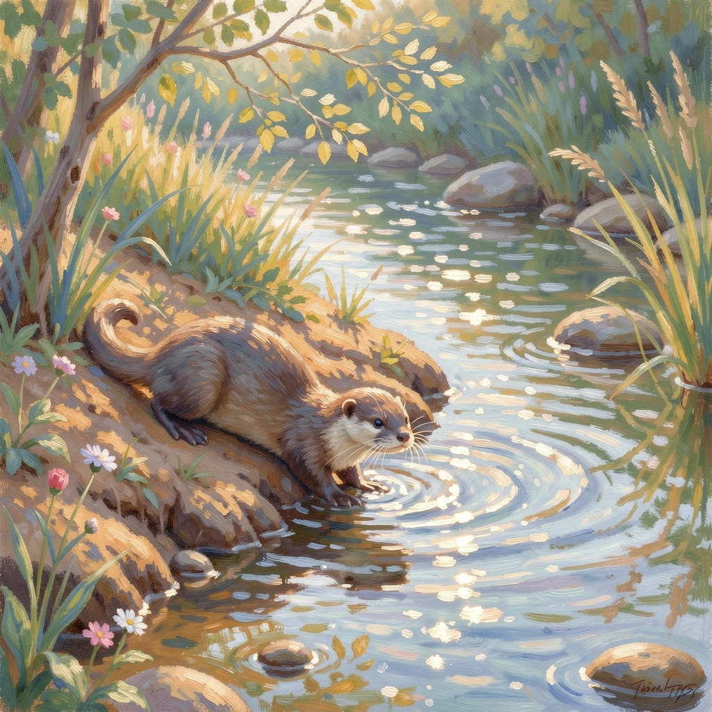 A river otter sliding down a muddy bank into a sparkling stream on a sunny afternoon, radiating serenity and gentle stillness.