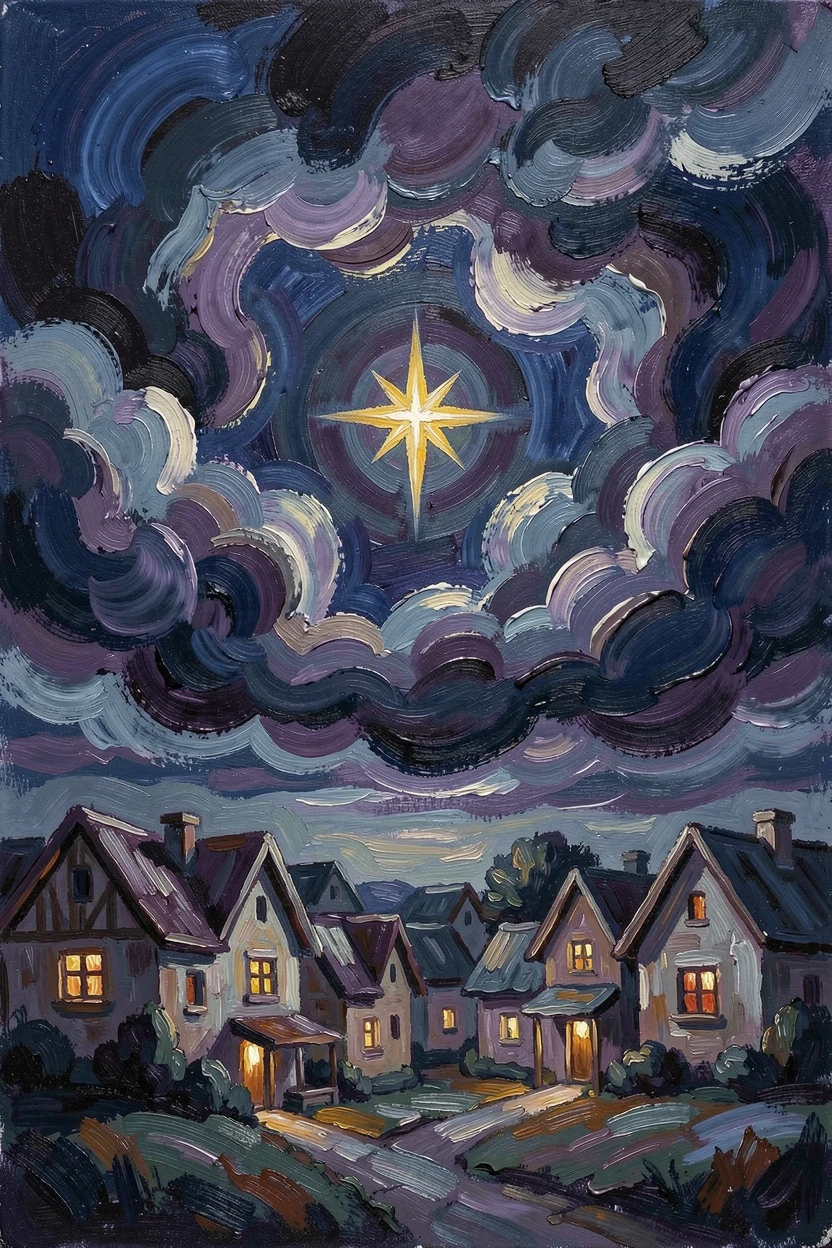 A single star visible through a break in the clouds above a sleeping village.