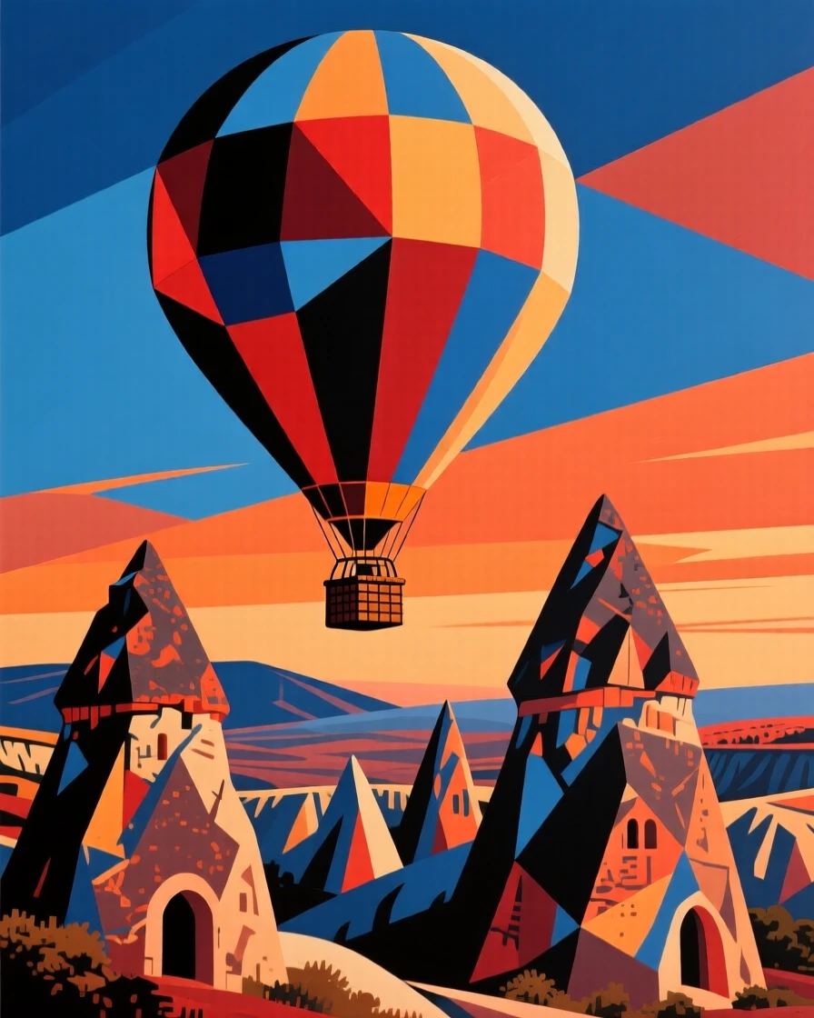 A hot air balloon drifting silently above the fairy chimneys of Cappadocia.