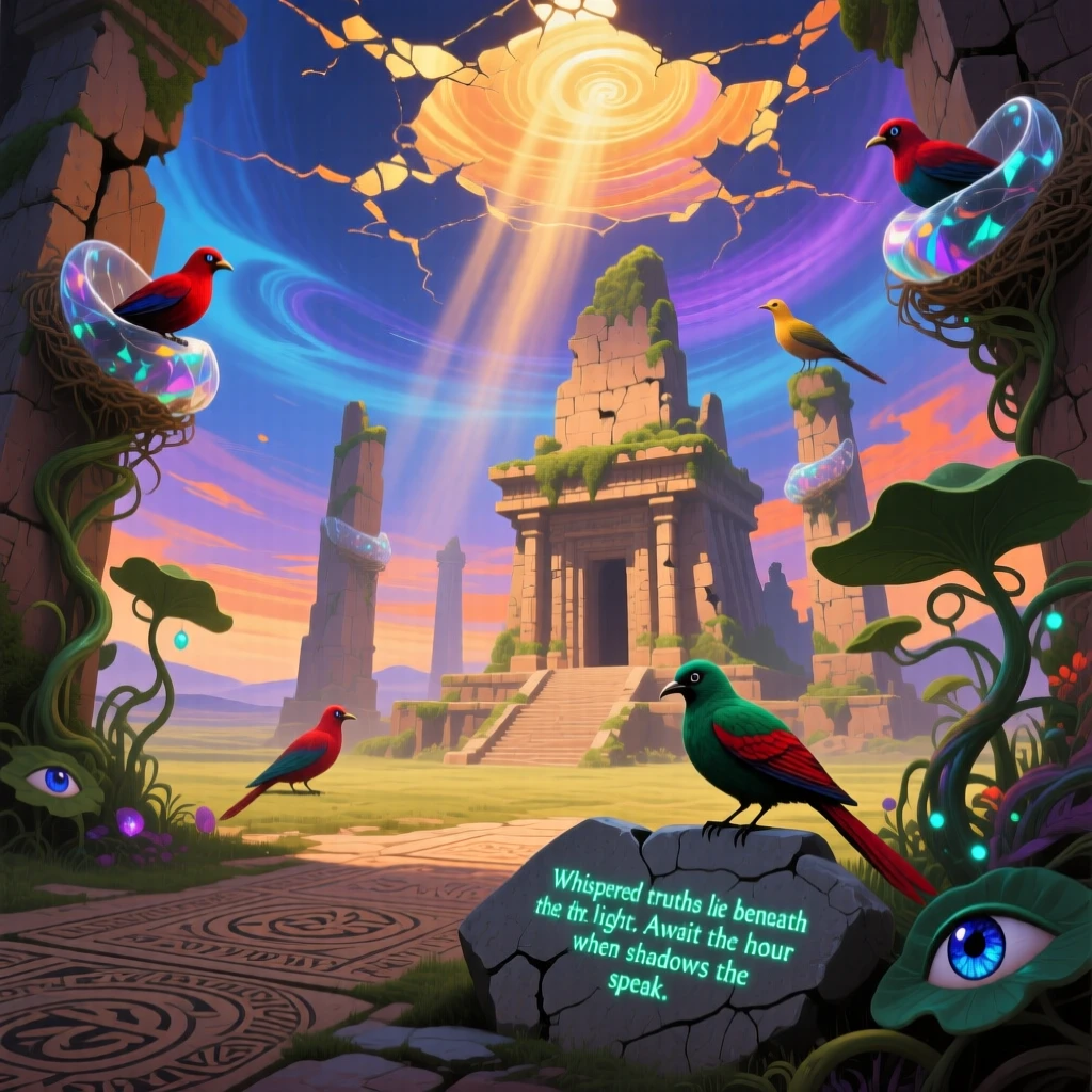 An ancient temple where light pours through a ceiling of open sky holds its secrets quietly behind crumbling stone walls, while birds nest peacefully among its crumbling towers.