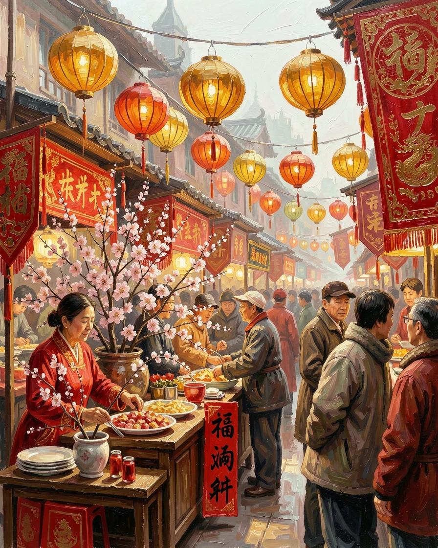 A traditional Lunar New Year market shows vendors selling blooming plum blossoms and red decorations beneath strings of golden lanterns, warm ambient light illuminating faces filled with joy and communal spirit.