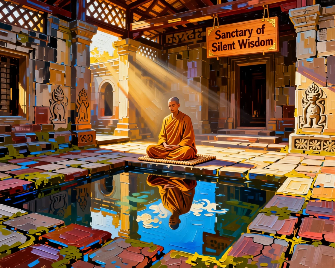 A lone monk meditating beside a still reflecting pool inside an ancient stone temple courtyard