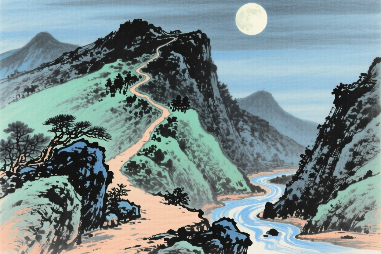 A steep mountain trail leading toward a distant summit, with the sound of water echoing softly against stone, under a full moon.