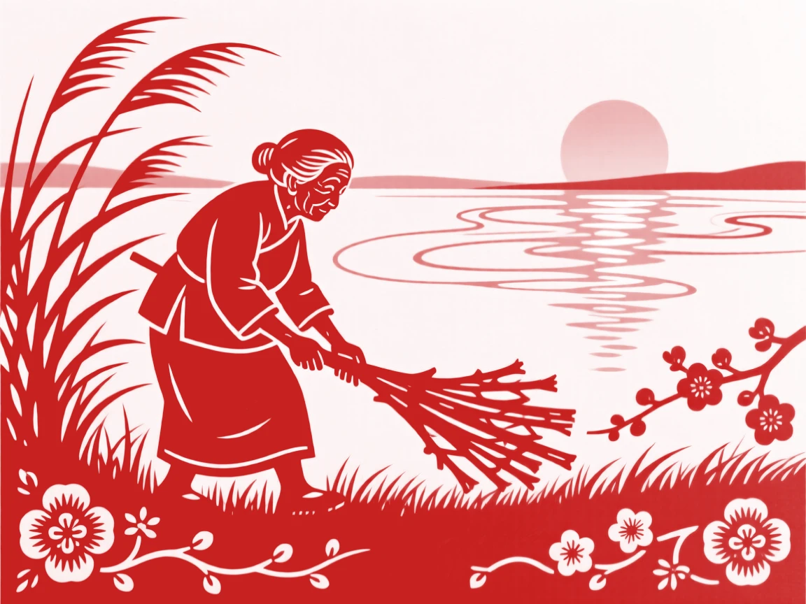 A composition of an old woman gathering firewood across a windswept grassland, the last light of day catching the water's surface.