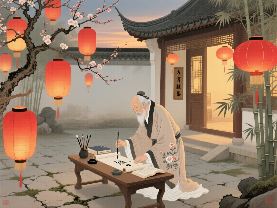 A wandering poet preparing for tomorrow's festival in a courtyard filled with lantern light