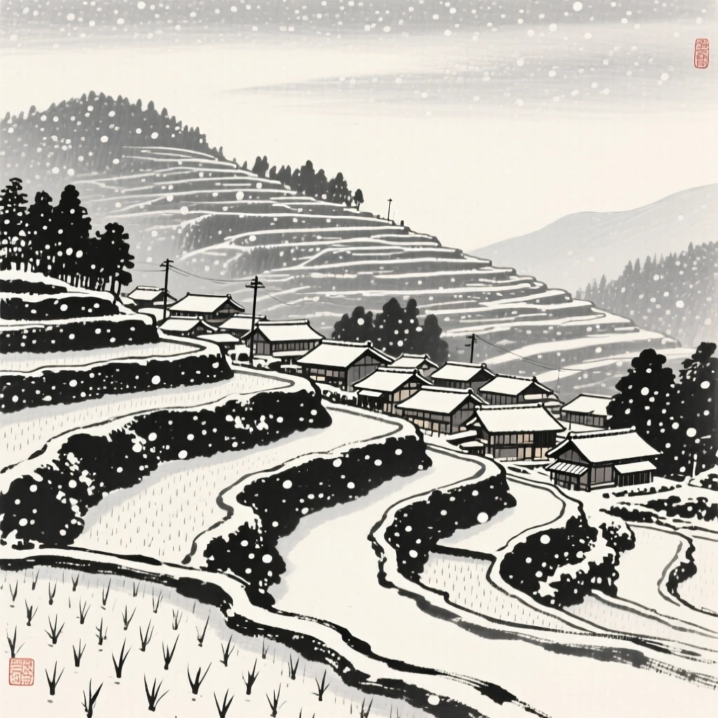 A terraced rice paddy village beneath a canopy of falling snow, viewed from below to emphasize its quiet grandeur, evoking centuries of quiet history and devotion.