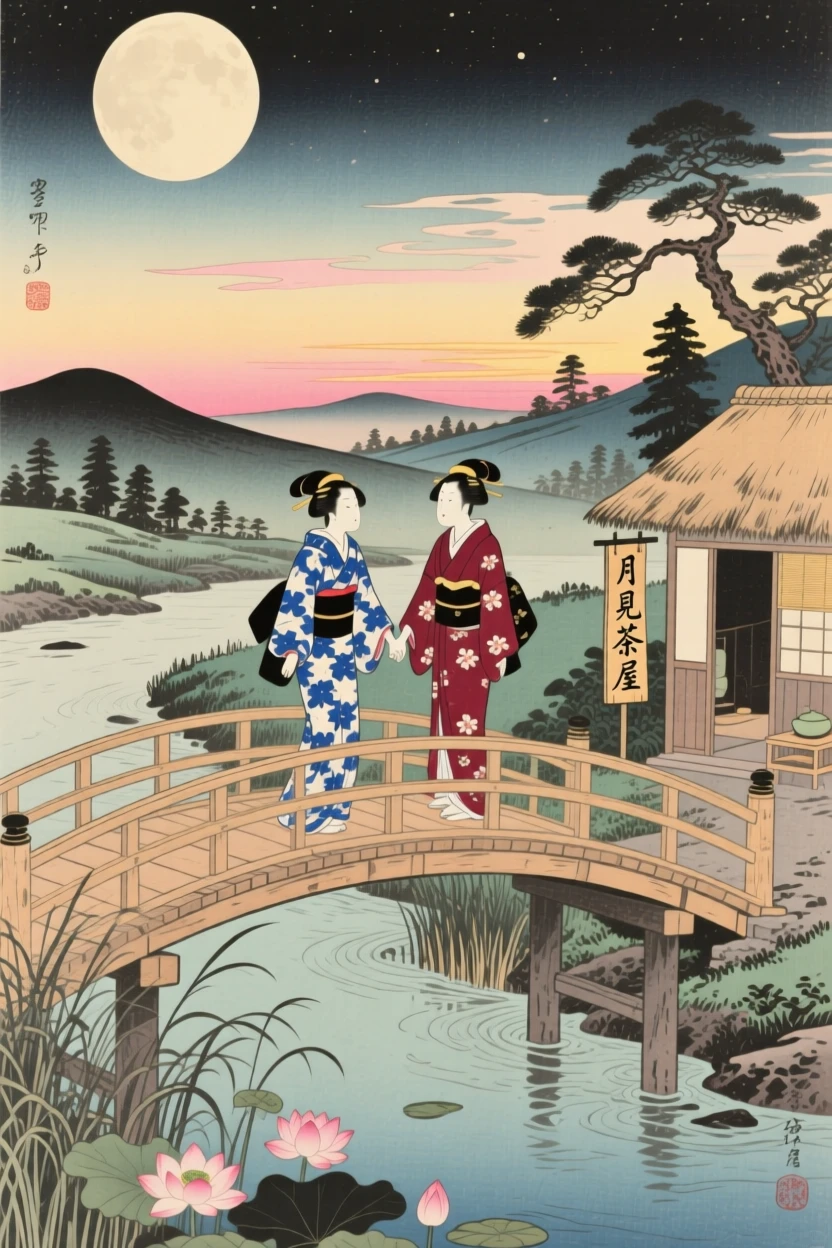 Two figures crossing a moonlit bridge hand in hand, at the break of dawn.