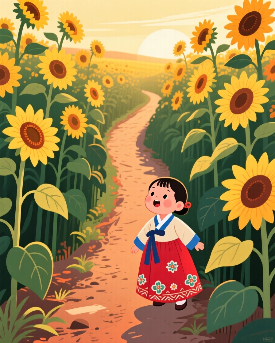 A child discovering a hidden path through a sunflower field in the golden light of late afternoon.