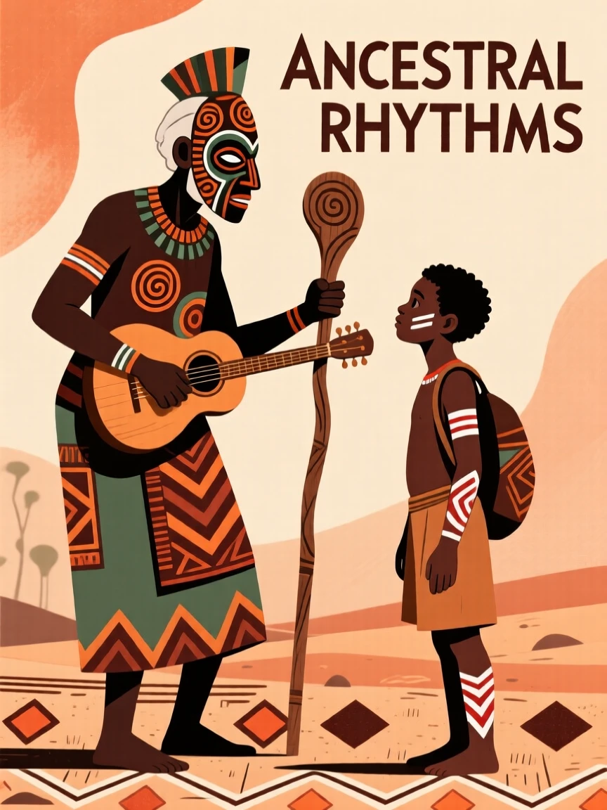A wandering musician passing knowledge to a younger apprentice.