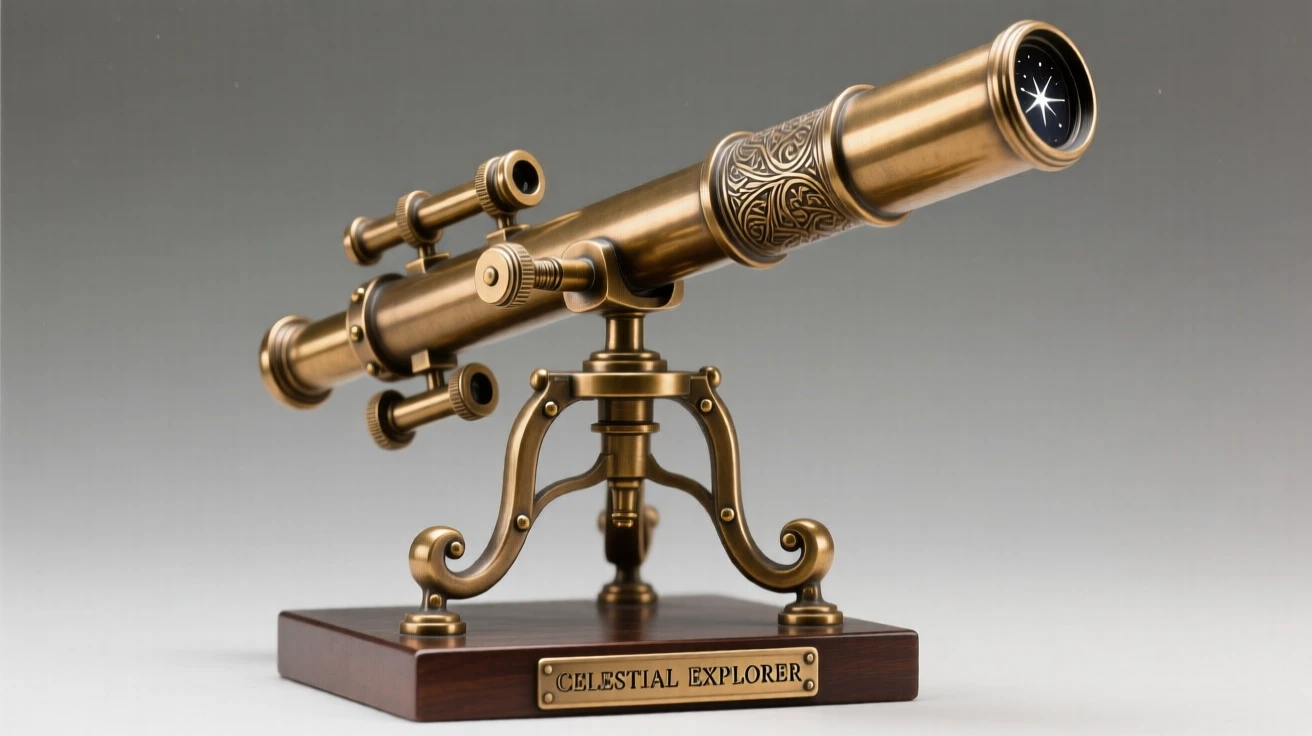 An antique telescope pointed toward the stars, rendered with exquisite, luminous detail, radiating elegance and refinement