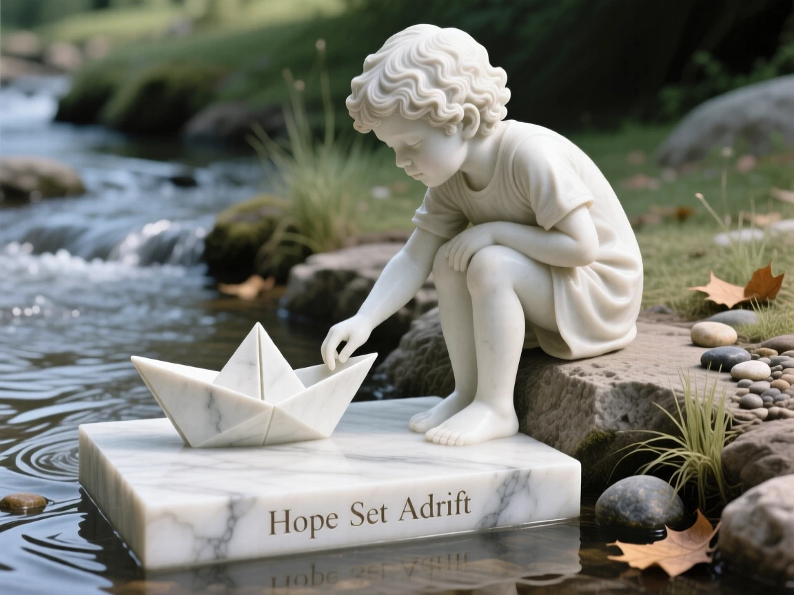 An evocative depiction of a child releasing a paper boat into a stream, captured with cinematic depth and detail, balancing detail with emotional depth