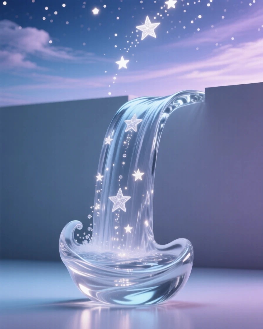 Beneath a sky filled with softly drifting light, a river flowing upward into a cascade of stars, while a quiet stillness surrounds the entire scene