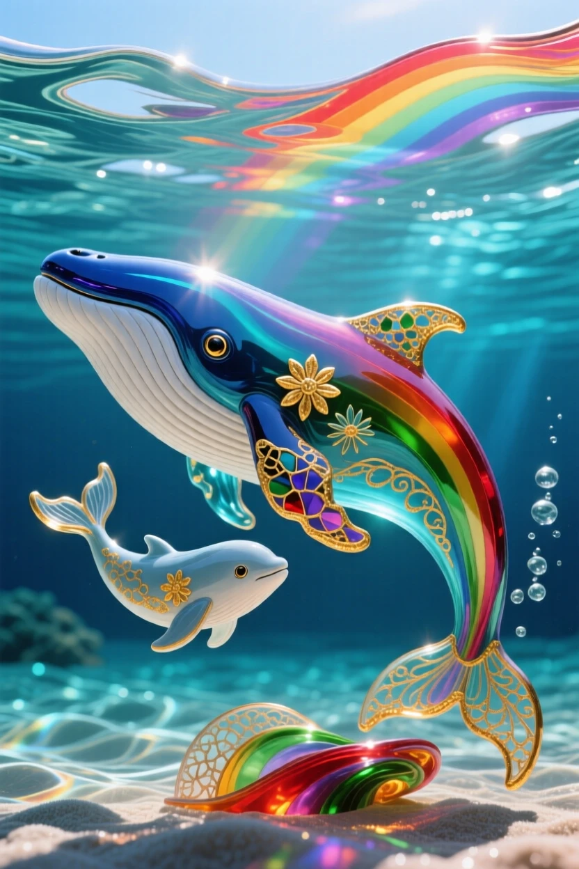 A mother whale and calf swimming together beneath the most vivid rainbow-lit ocean surface at midday, tender and awe-inspiring.