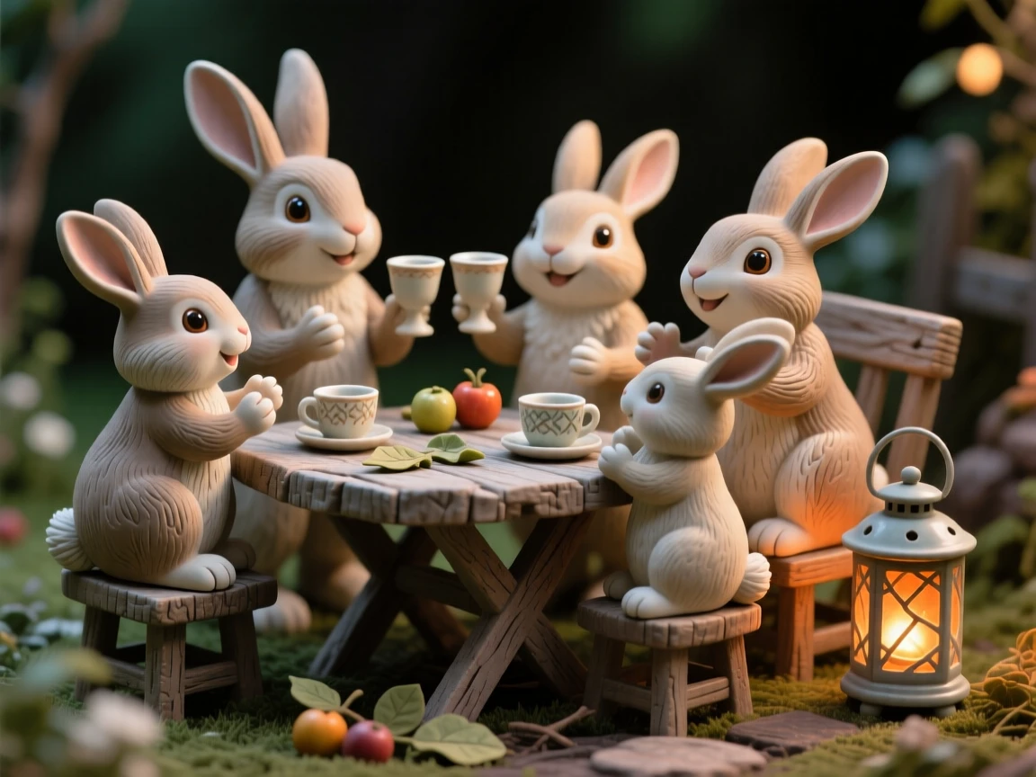 A rabbit family gathered around a garden table captured mid-celebration with joyful energy, with warm lantern light glowing softly nearby, radiating coziness and storybook charm.