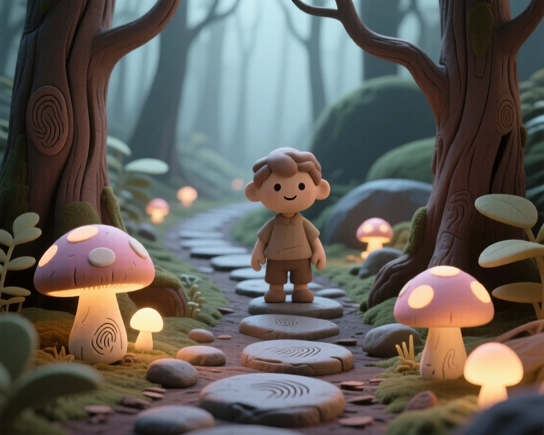 A pathway of glowing mushrooms leading deep into an ancient forest