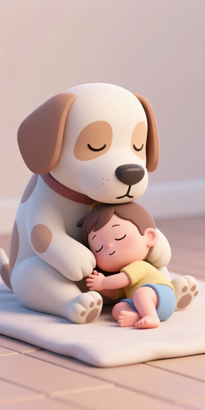 A gentle old dog rests its head on a sleeping toddler's lap during a lazy Sunday afternoon nap.