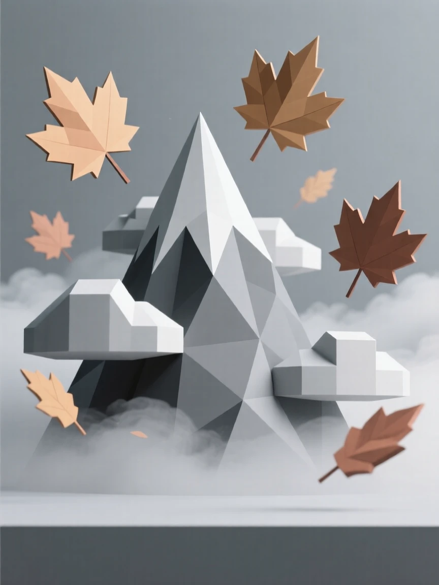 A dramatic mountain peak piercing through clouds, as autumn leaves drift through the air. the horizon line anchors a balanced composition. A deep sense of peace fills the landscape.