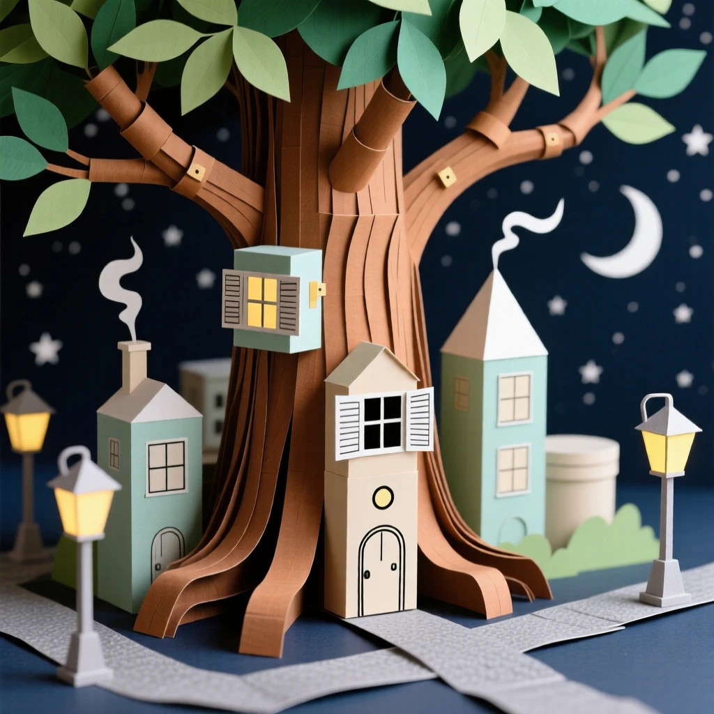 A city nestled within a massive tree set against a deep starry night sky, with gentle motion suggesting quiet magic, conveying gentle magic and curiosity.