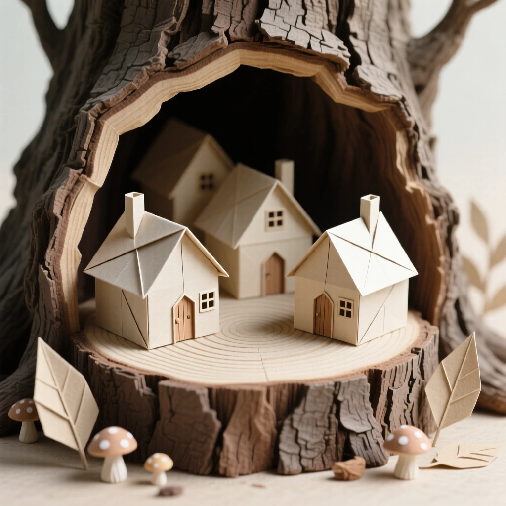 A miniature village nestled inside the hollow of an old tree stump.