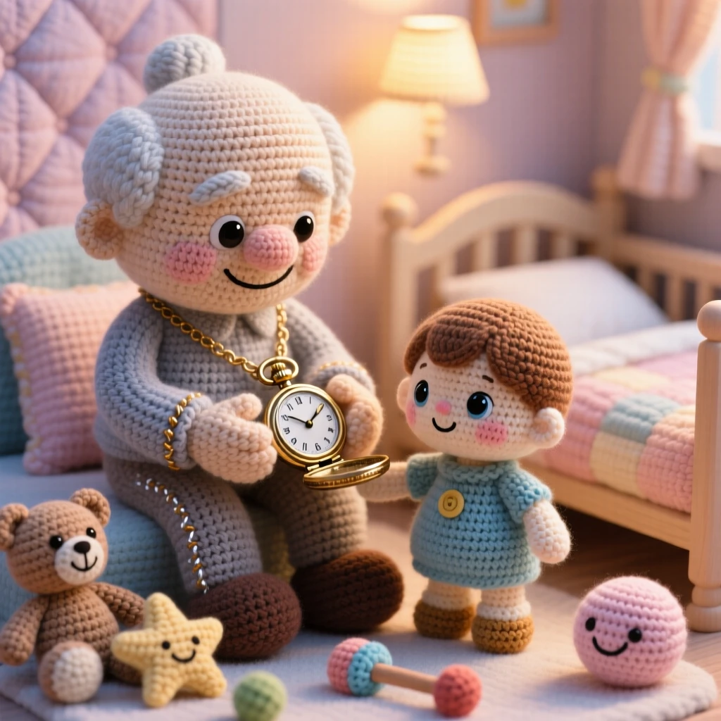 a grandfather passing down his old pocket watch to his grandchild, with a gentle, meaningful smile, is captured placing it carefully into small hands in a softly lit nursery at bedtime beside a scattering of toys tidied nearby, showing quiet tenderness between generations.