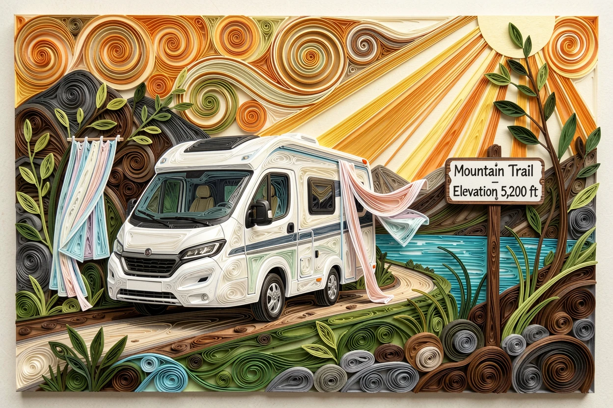A relaxed modern lifestyle scene of a camper van parked beside a scenic overlook along a scenic mountain hiking trail, with a light breeze catching loose fabric or leaves, framed with warm natural light streaming in.