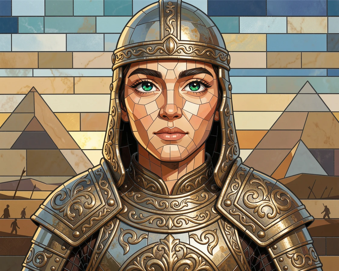 A close-up emotional portrait of a warrior in ornate traditional armor standing at the edge of a battlefield, with striking eyes and gentle expression.