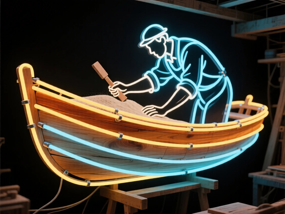 A boat builder sanding the hull of a wooden vessel in a workshop.