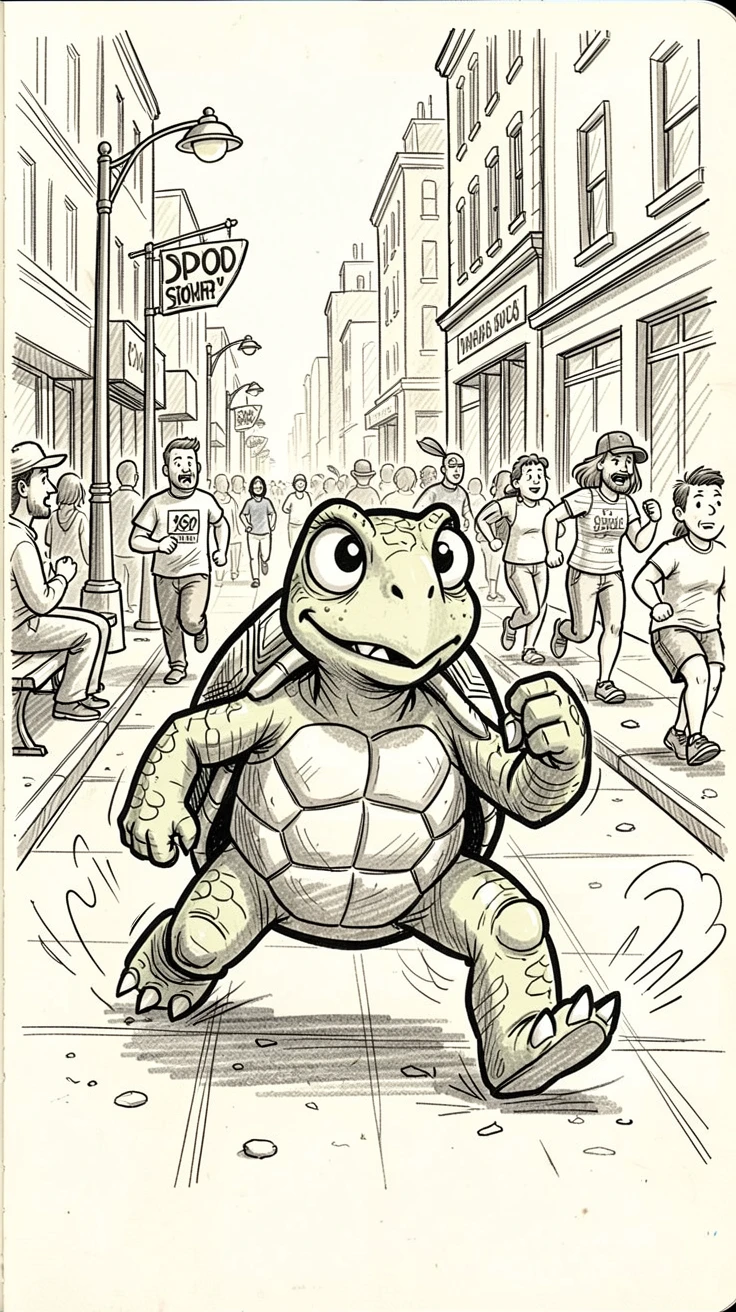 A turtle winning a race by taking a clever shortcut on a busy city sidewalk.