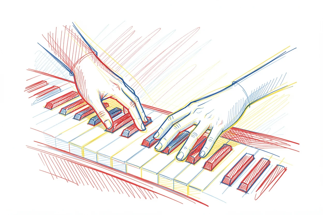 A pianist's hands captured mid-motion across glowing piano keys