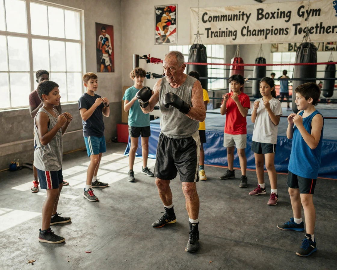 A retired boxer teaches neighborhood kids proper footwork at a community gym.