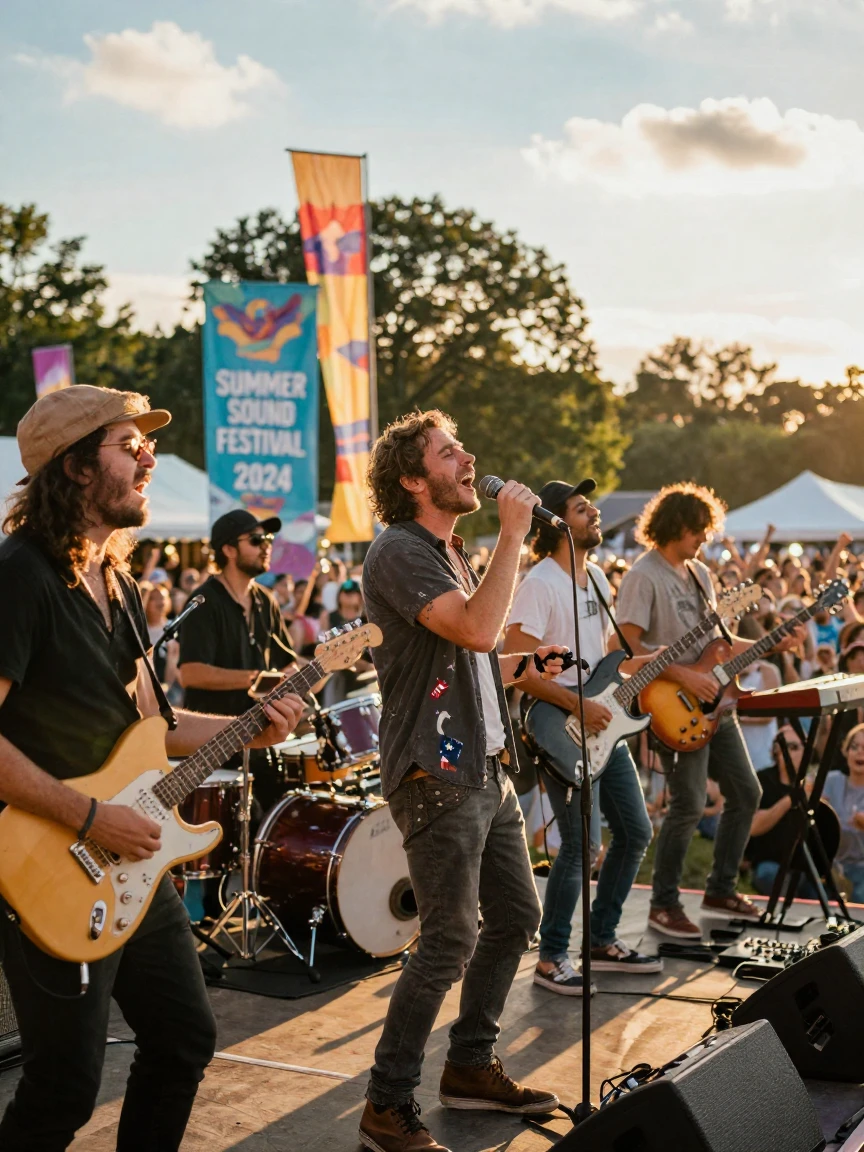 A group of musicians performing passionately on an outdoor festival stage