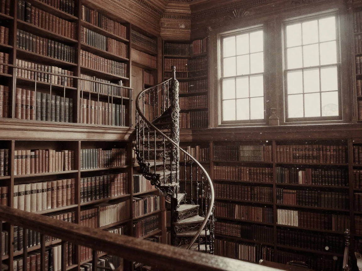 A grand old library with towering shelves and a spiral staircase, under moonlight, amid gently falling snow, during the long days of summer, with a soft sepia-tinted glow, from a slightly elevated vantage point.