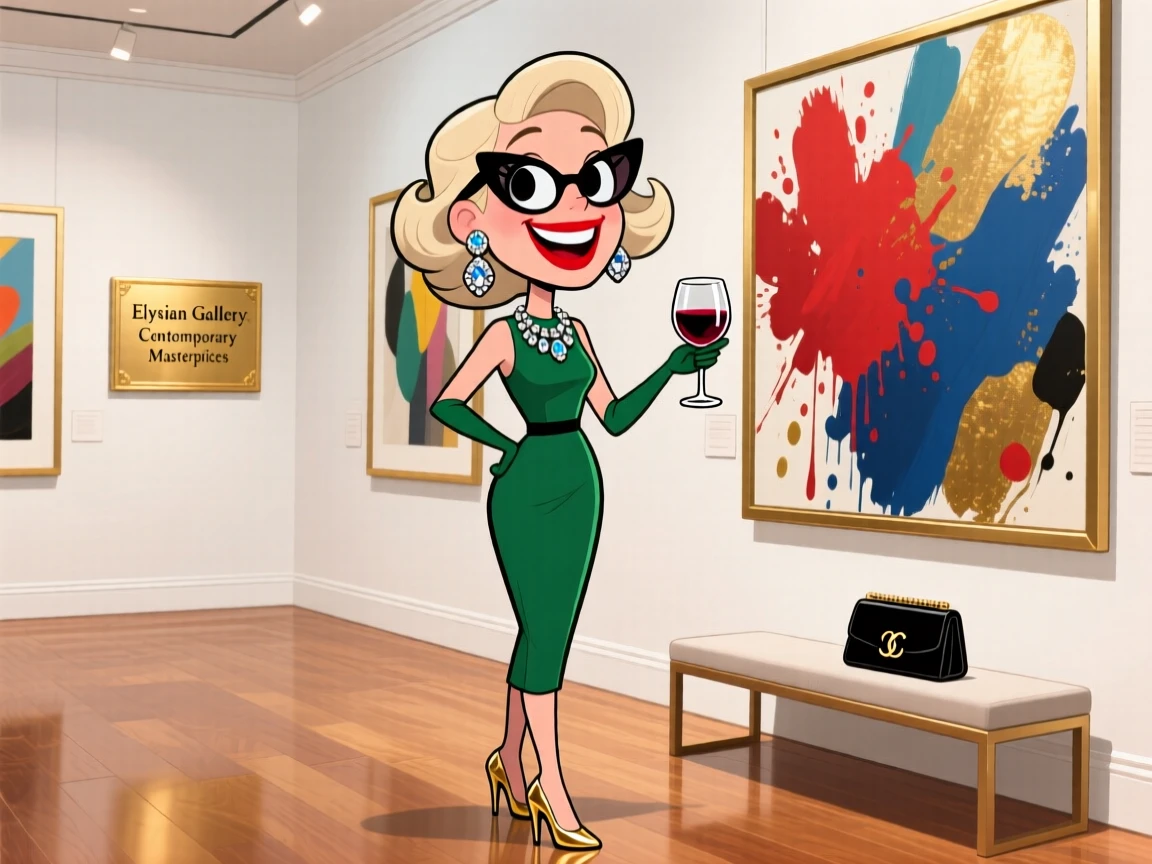 An aspirational lifestyle scene of a glamorous socialite browsing an elegant art gallery with a glass of wine in hand, surrounded by understated luxury.