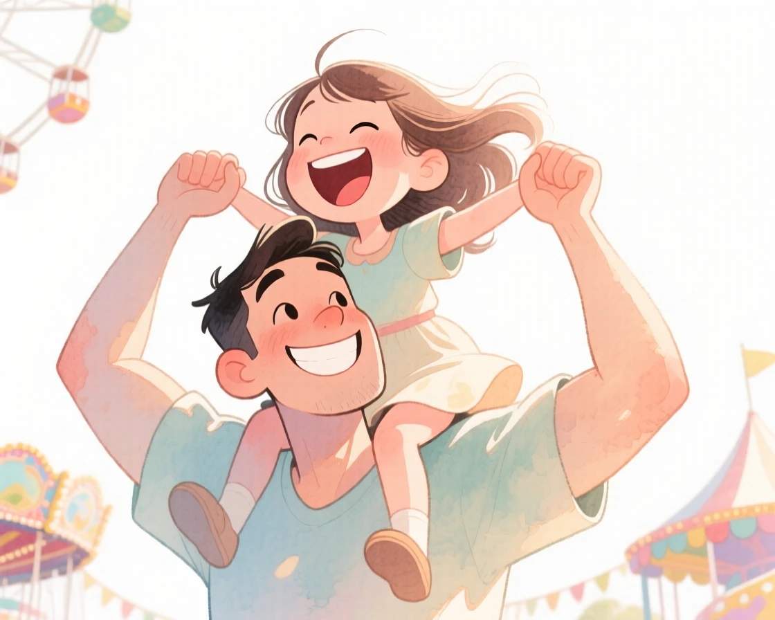 A joyful scene of a father lifting his laughing daughter onto his shoulders at a sunny carnival