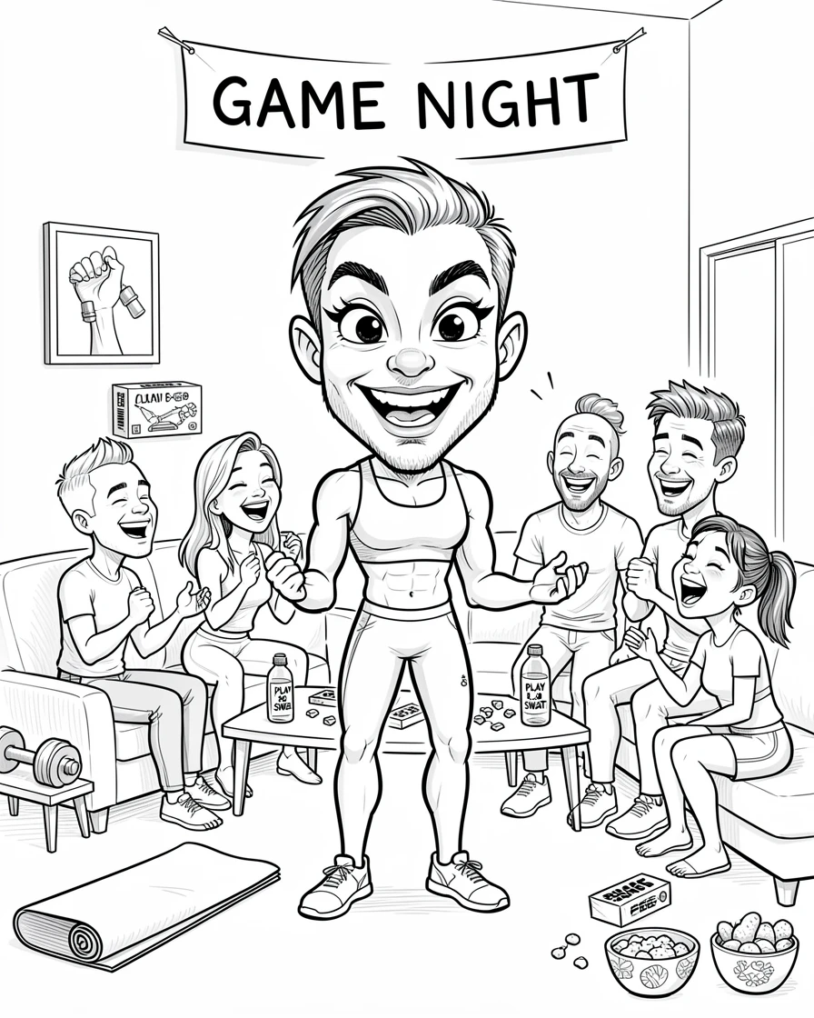 [Trending & Universal Topics] Modern lifestyle scene of a trendy home fitness enthusiast hosting a lively game night with friends, capturing everyday joy