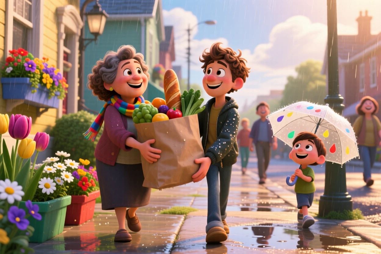 Strangers helping each other carry groceries in the rain unfolds on a sunny sidewalk lined with flower boxes, with everyone's laughter filling the air. Pure joy and warmth radiate from the scene.