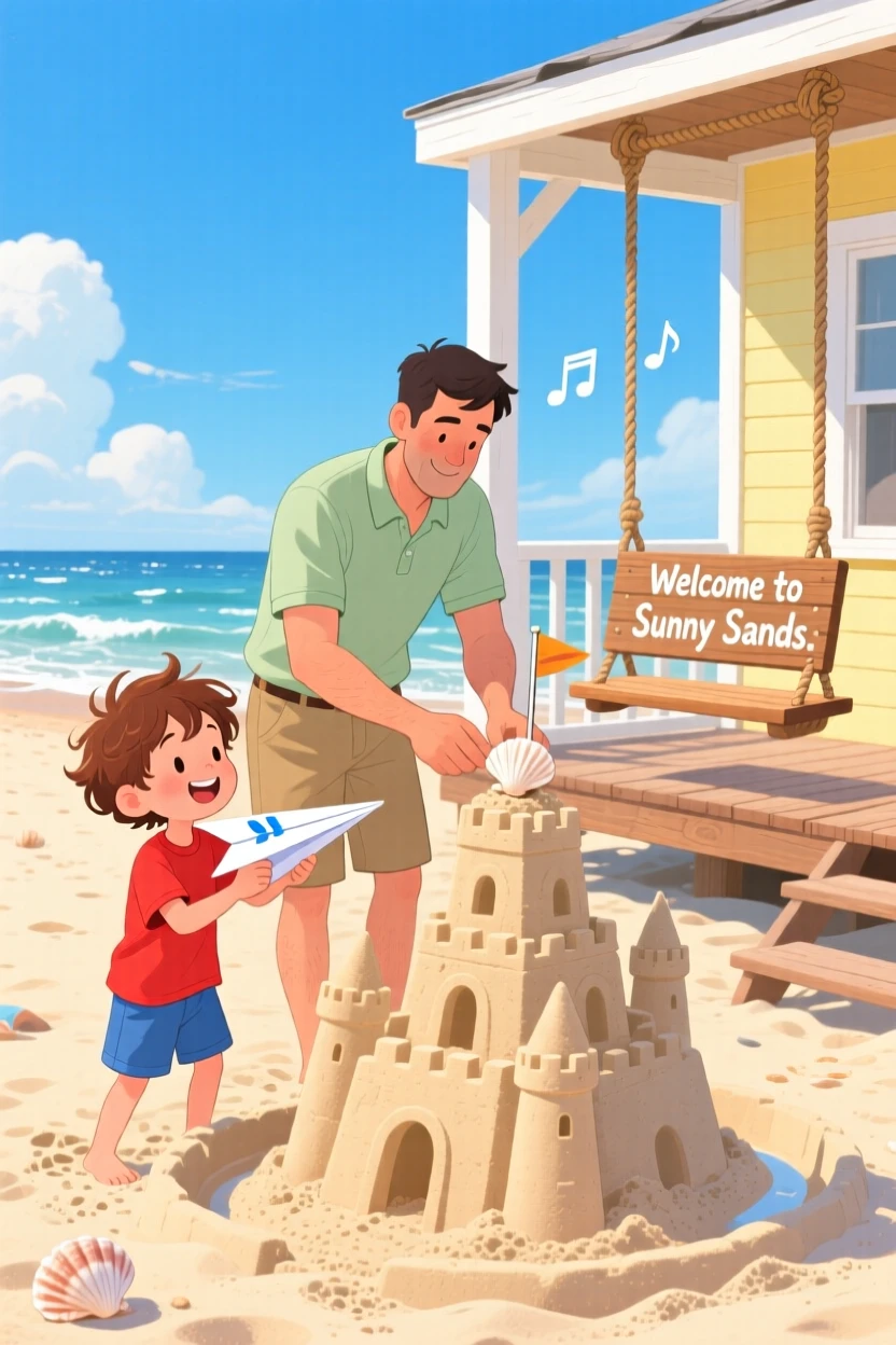 A boy with a paper airplane and his father are building a sandcastle at the beach, while the porch swing creaks gently.