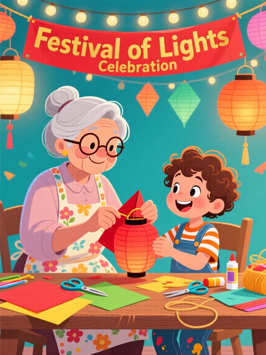 A grandmother teaching her grandchild to make paper lanterns for a festival.