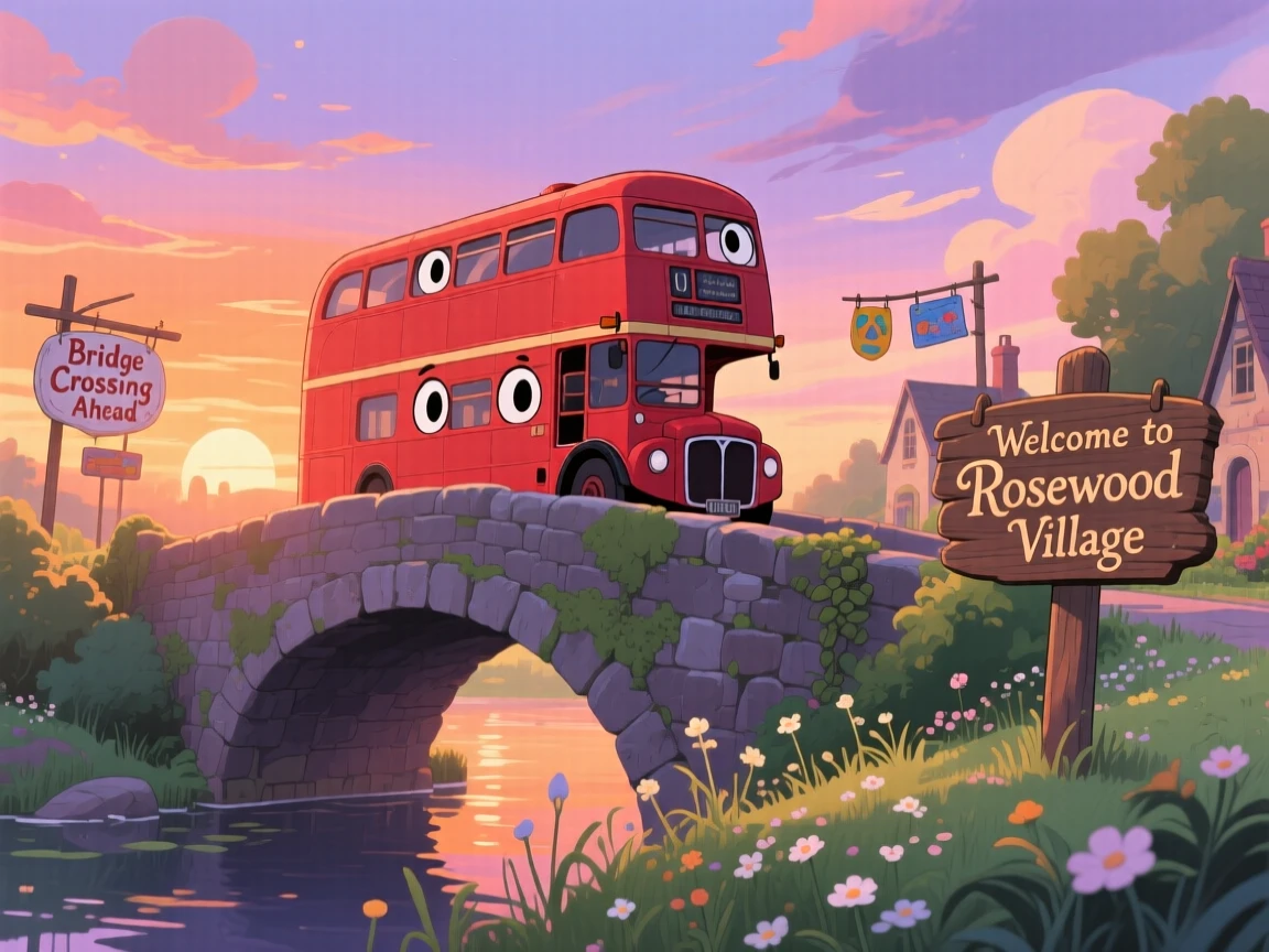 A charming scene of a red double-decker bus crossing a bridge at sunset, under a sky painted with warm colors.