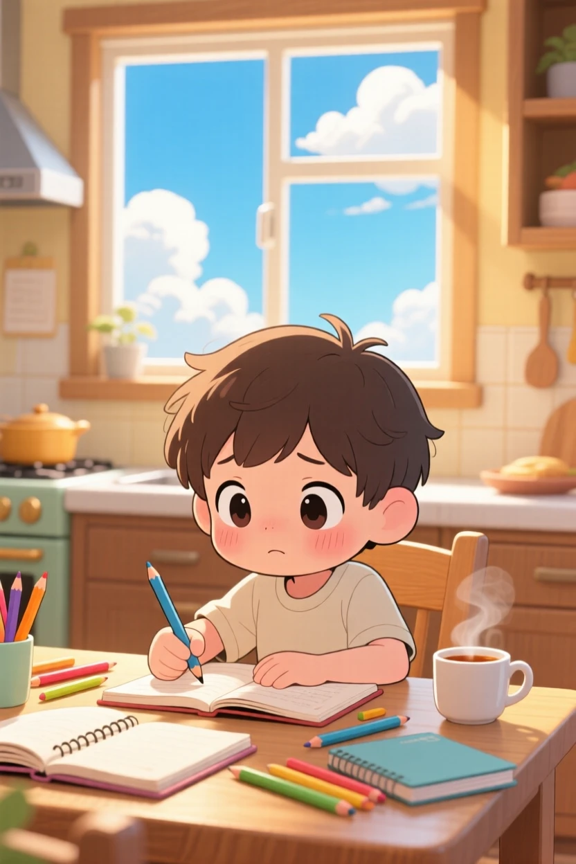 A small boy doing homework at the kitchen table in a warmly lit kitchen beneath fluffy drifting clouds; bright midday sun washes over the scene as shy bashfulness fills the moment. Extreme close-up.