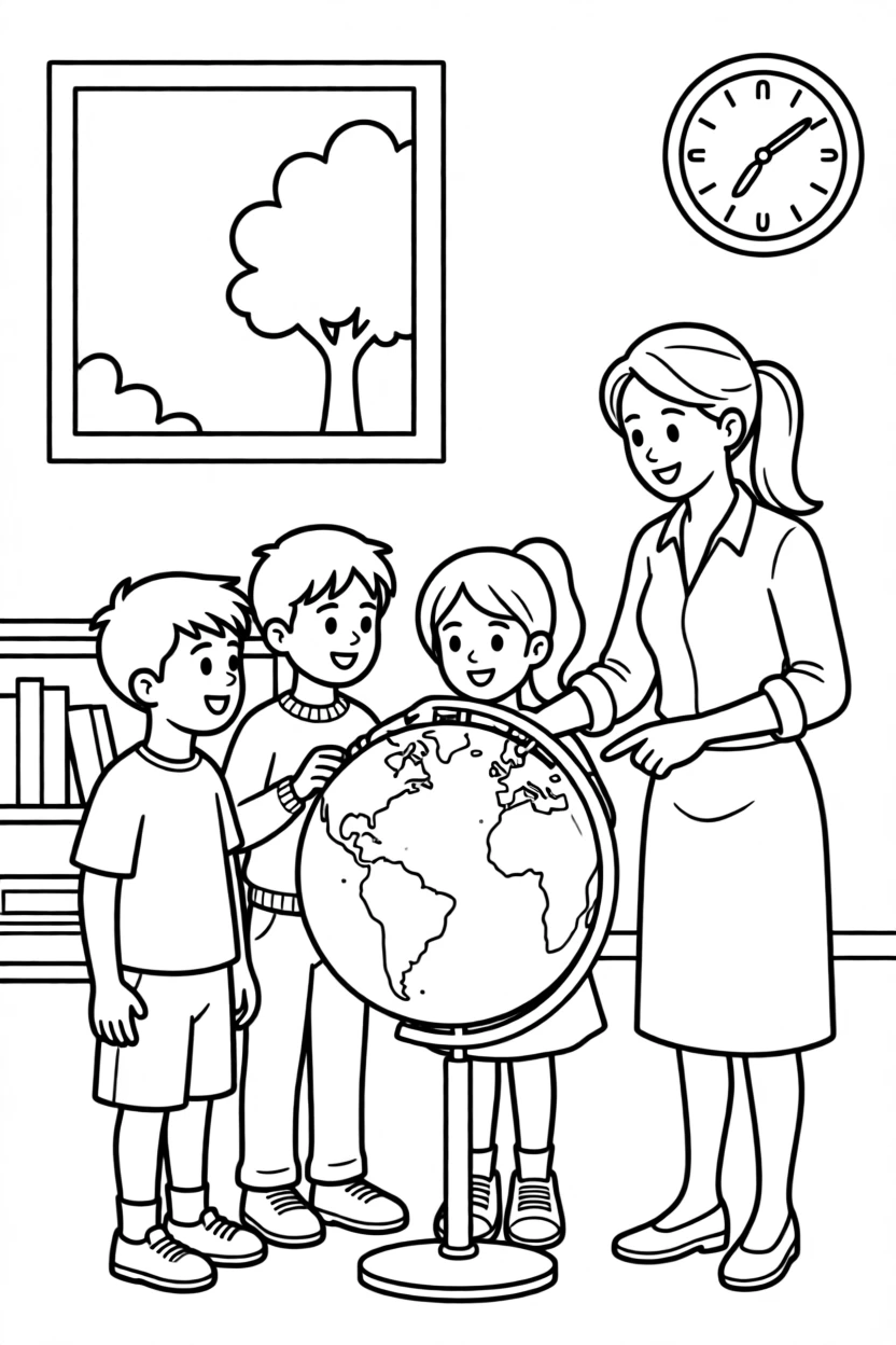 A teacher and students looking at a globe to find countries