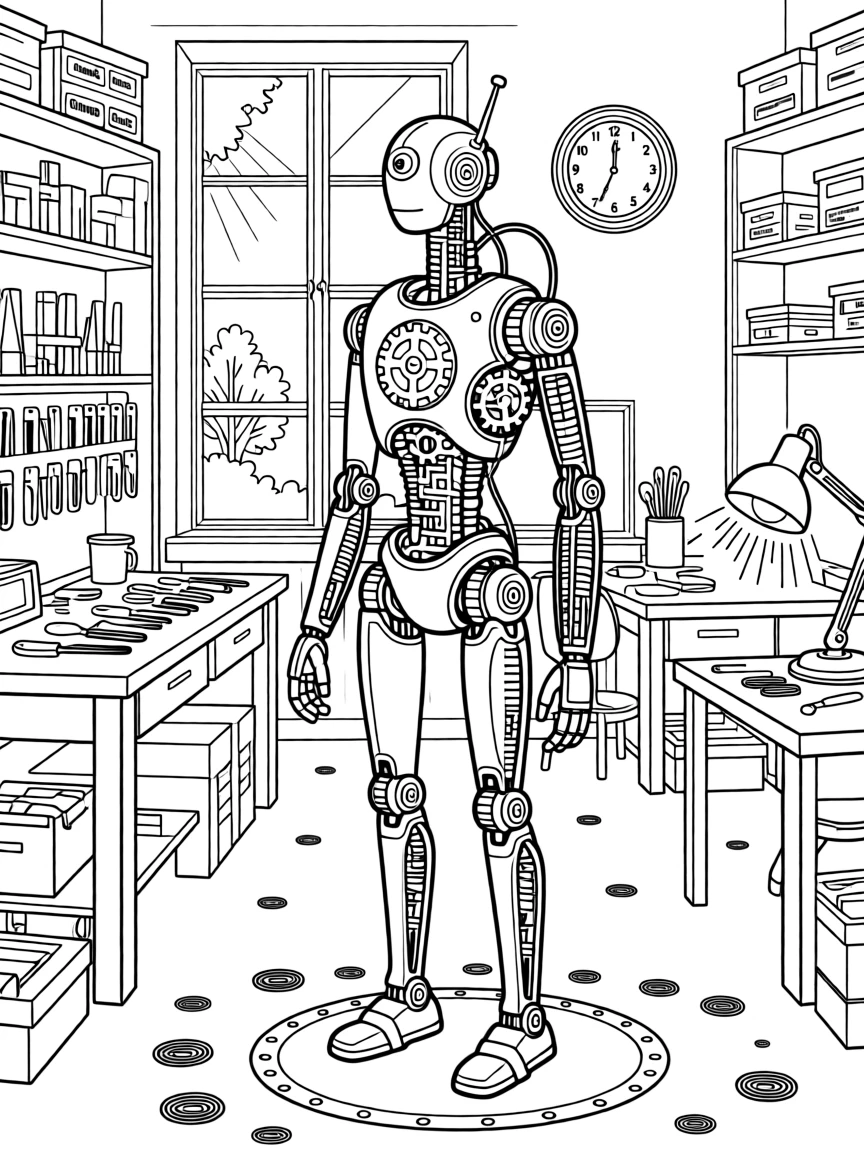 A clockwork robot with visible gears standing in a workshop, with soft ambient lighting filling the room.