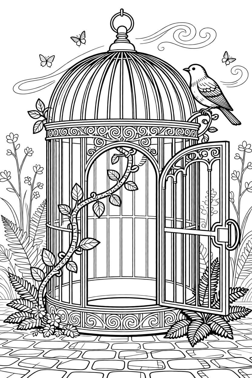 A vintage birdcage door open with vines growing where the bars once were.