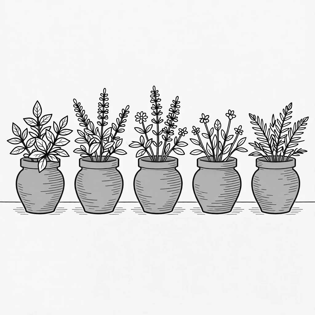 A row of terracotta pots filled with blooming herbs