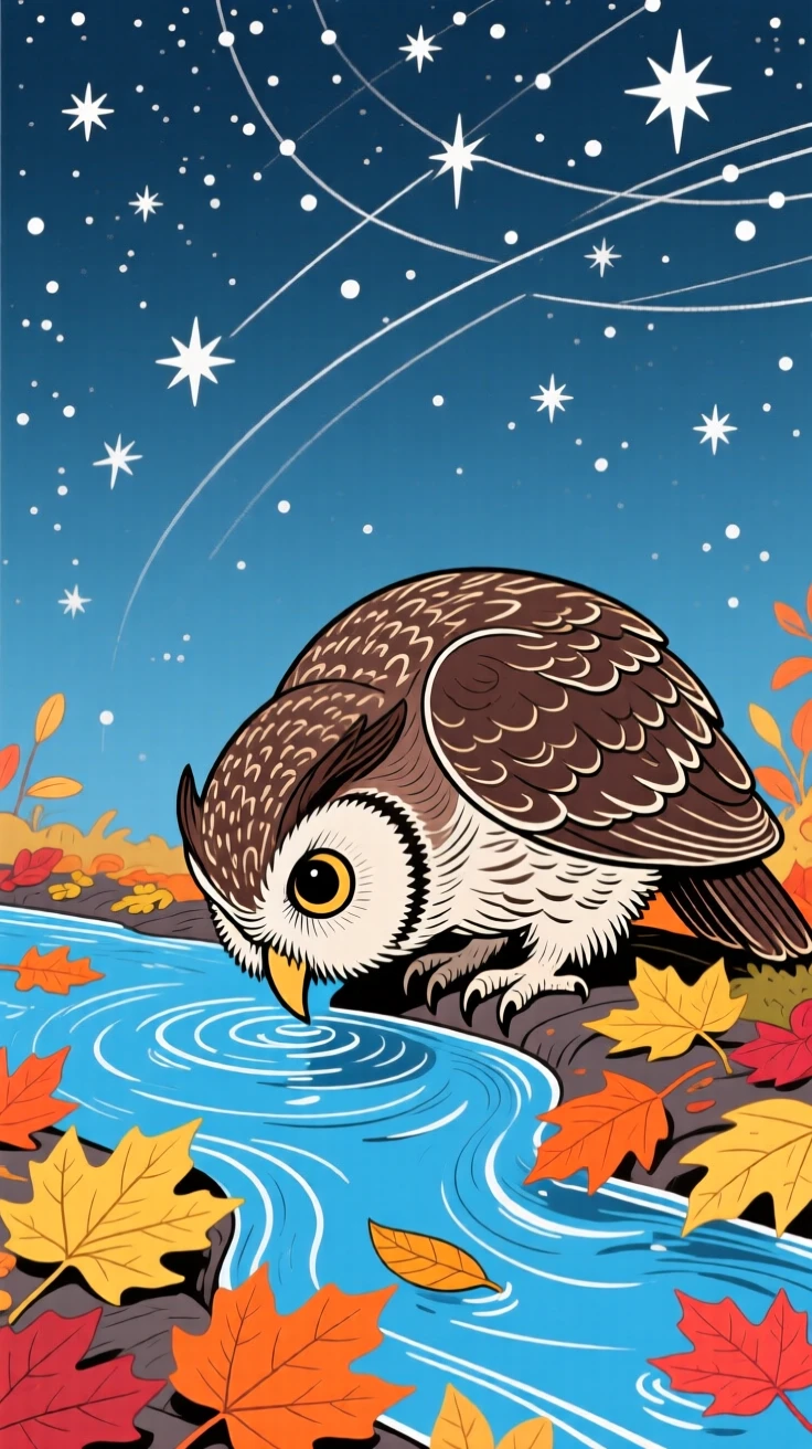 A wise old owl drinking from a stream among autumn leaves under a clear starry sky.