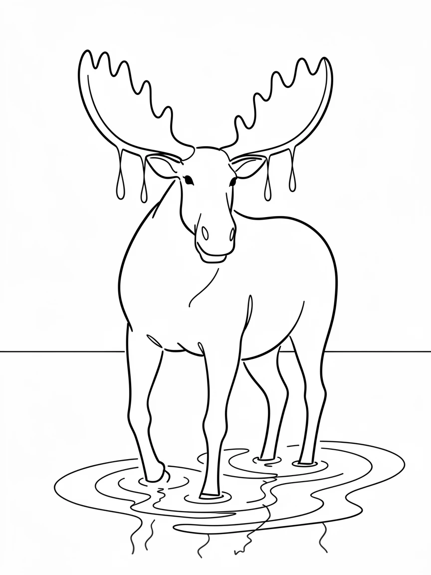 A moose wading through a shallow lake with velvet antlers dripping